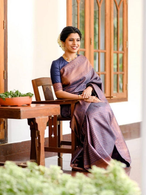 Women's Litchi silk Printed Saree With Unstitched Blouse (Navy Blue)