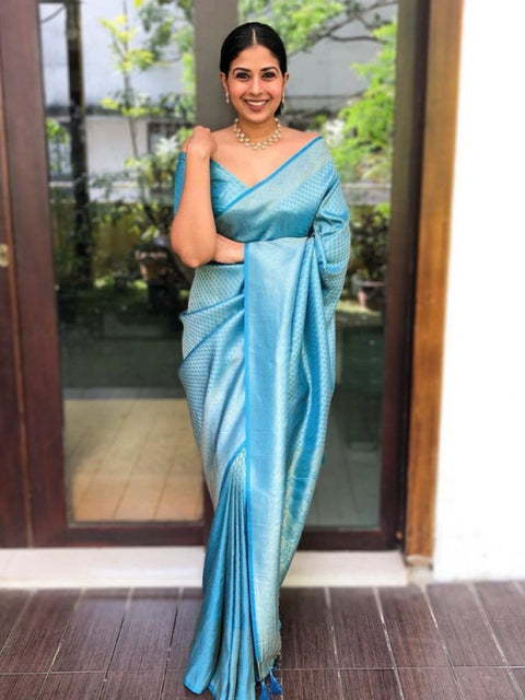 Women's Litchi silk Printed Saree With Unstitched Blouse (Sky Blue)