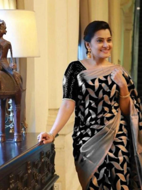 Women's Litchi silk Printed Saree With Unstitched Blouse (Black)