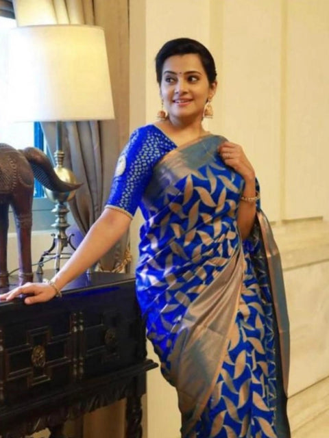 Women's Litchi silk Printed Saree With Unstitched Blouse (Blue)