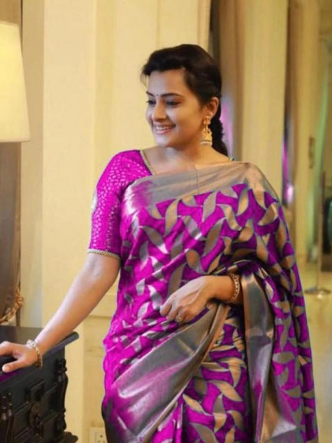 Women's Litchi silk Printed Saree With Unstitched Blouse (Pink)