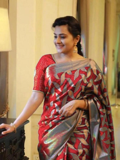 Women's Litchi silk Printed Saree With Unstitched Blouse (Red)