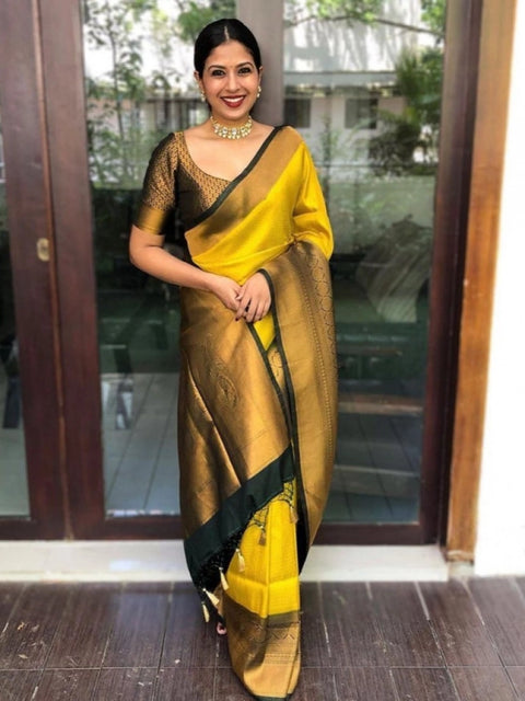 Women's Litchi silk Printed Saree With Unstitched Blouse (Yellow)