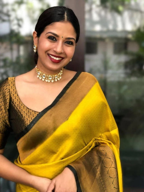 Women's Litchi silk Printed Saree With Unstitched Blouse (Yellow)