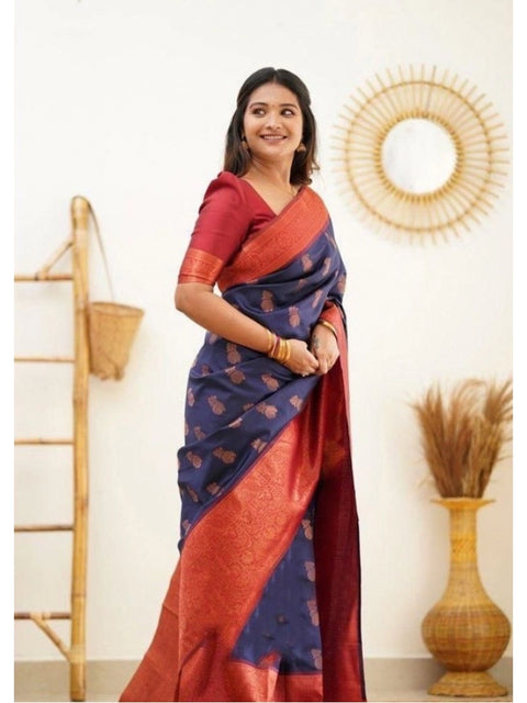 Women's Litchi silk Printed Saree With Unstitched Blouse (Blue)