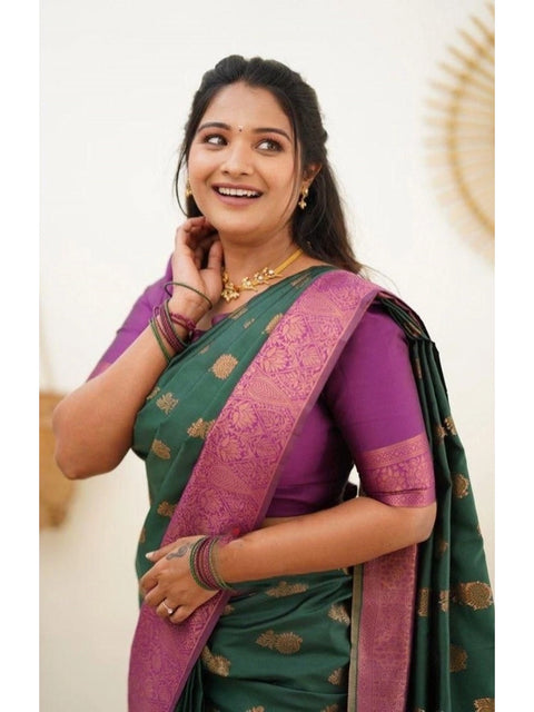 Women's Litchi silk Printed Saree With Unstitched Blouse (Green)