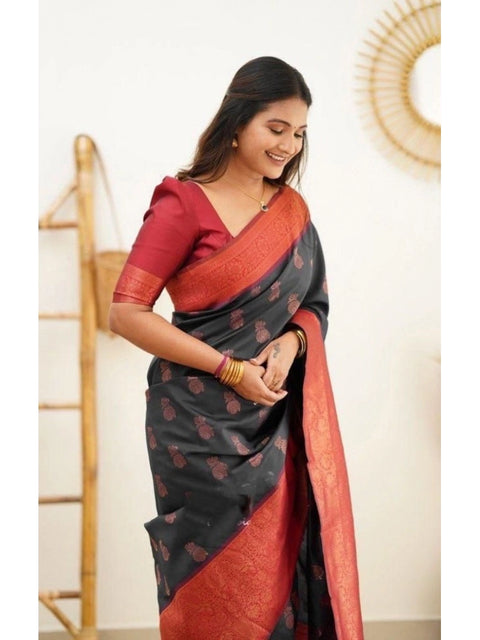 Women's Litchi silk Printed Saree With Unstitched Blouse (Grey)