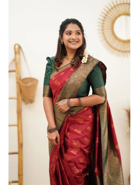Women's Litchi silk Printed Saree With Unstitched Blouse (Red)
