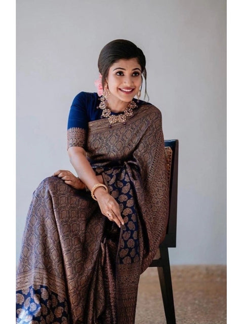 Women's Litchi silk Printed Saree With Unstitched Blouse (Blue)