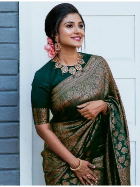 Women's Litchi silk Printed Saree With Unstitched Blouse (Green)