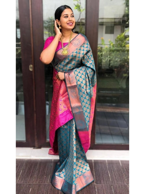 Women's Litchi silk Printed Saree With Unstitched Blouse (Blue)