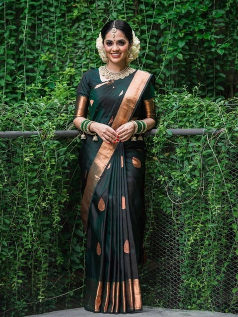 Women's Litchi silk Printed Saree With Unstitched Blouse (Green)