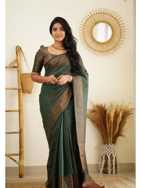 Women's Litchi silk Printed Saree With Unstitched Blouse (Green)