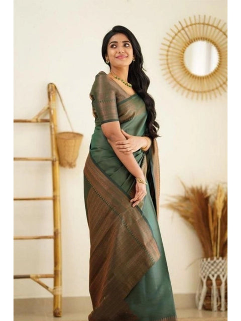 Women's Litchi silk Printed Saree With Unstitched Blouse (Green)