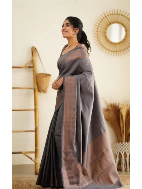 Women's Litchi silk Printed Saree With Unstitched Blouse (Grey)