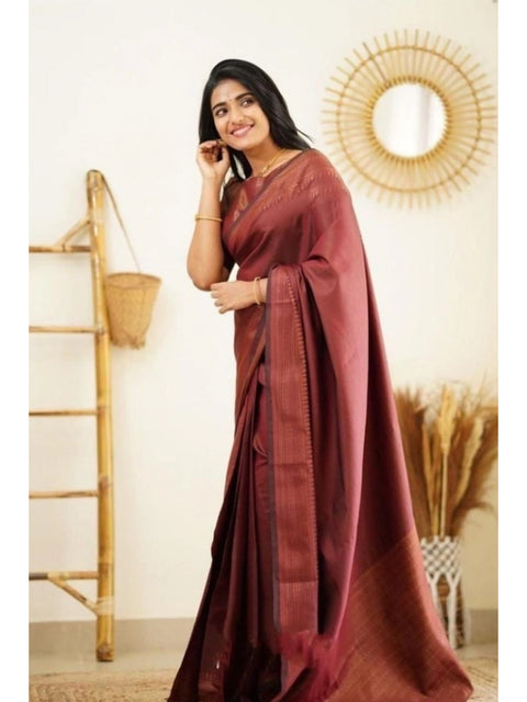 Women's Litchi silk Printed Saree With Unstitched Blouse (Maroon)