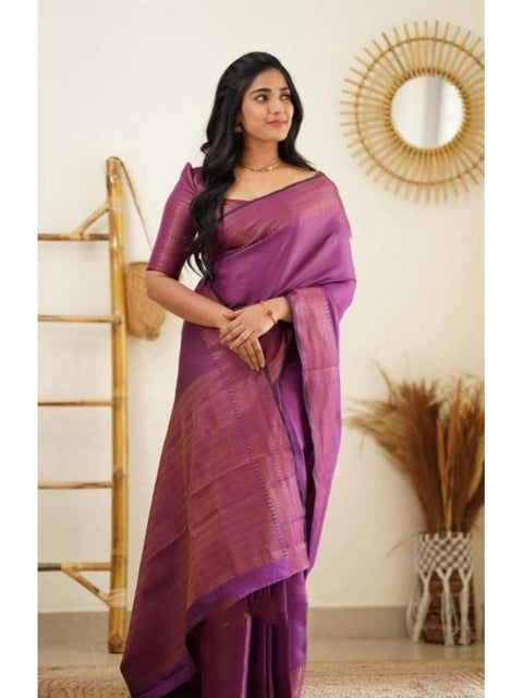Women's Litchi silk Printed Saree With Unstitched Blouse (Purple)