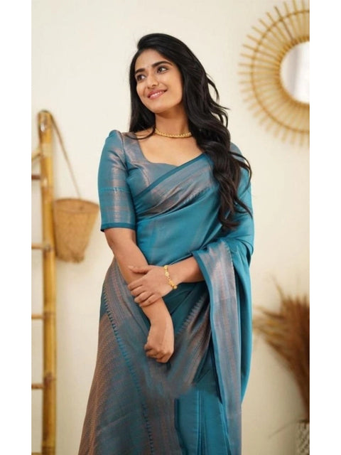 Women's Litchi silk Printed Saree With Unstitched Blouse (Rama Blue)