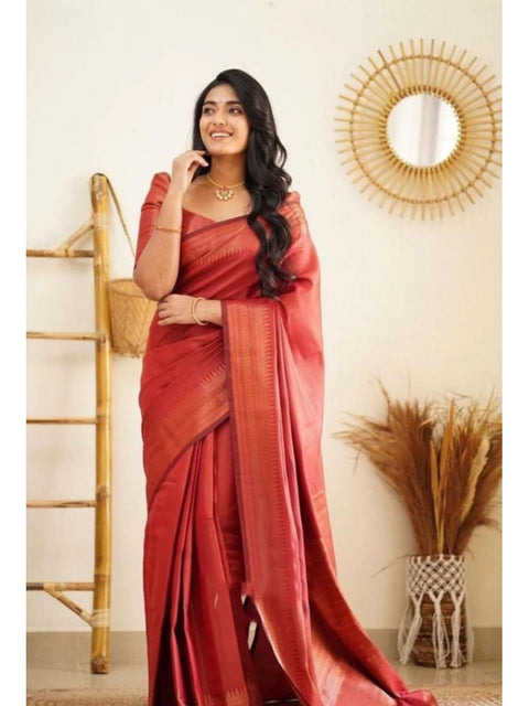 Women's Litchi silk Printed Saree With Unstitched Blouse (Red)