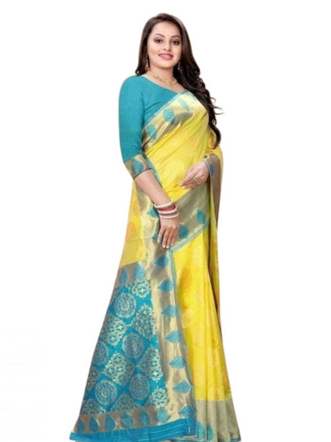 Women's Litchi silk Printed Saree With Unstitched Blouse (Yellow)