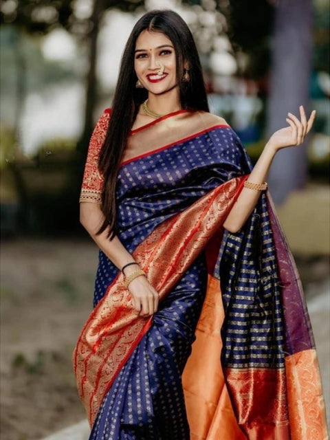Women's Litchi silk Printed Saree With Unstitched Blouse (Blue)