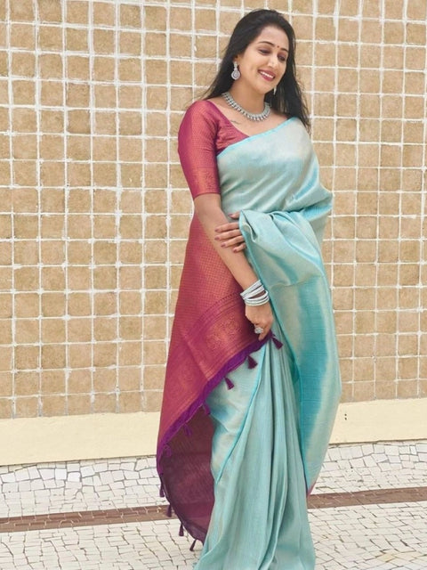 Women's Litchi silk Printed Saree With Unstitched Blouse (Blue)