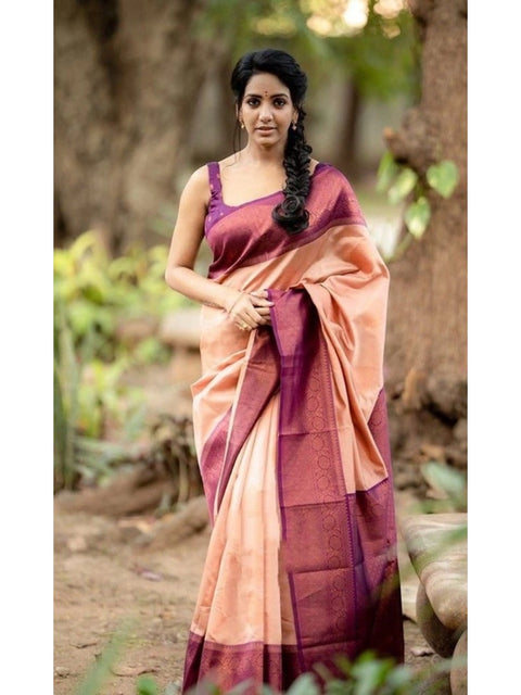 Women's Litchi silk Printed Saree With Unstitched Blouse (Beige)