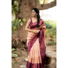 Generic Women's Litchi silk Printed Saree With Unstitched Blouse (Beige)