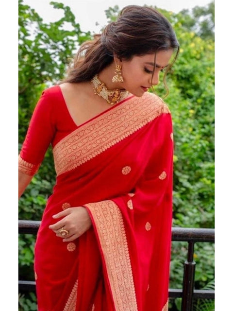 Women's Litchi silk Printed Saree With Unstitched Blouse (Red)