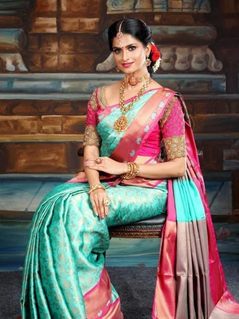 Women's Litchi silk Printed Saree With Unstitched Blouse (Turquise Blue)