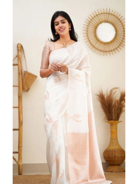 Women's Litchi silk Printed Saree With Unstitched Blouse (White)