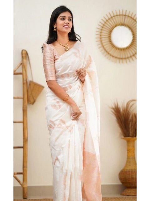 Women's Litchi silk Printed Saree With Unstitched Blouse (White)