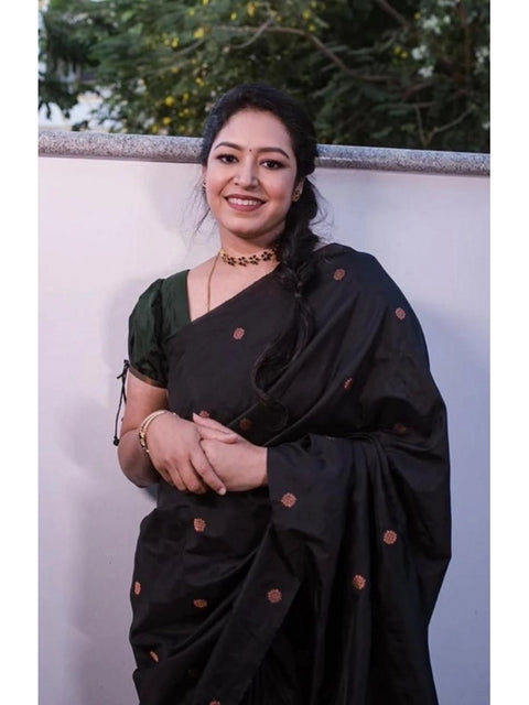 Women's Litchi silk Printed Saree With Unstitched Blouse (Black)