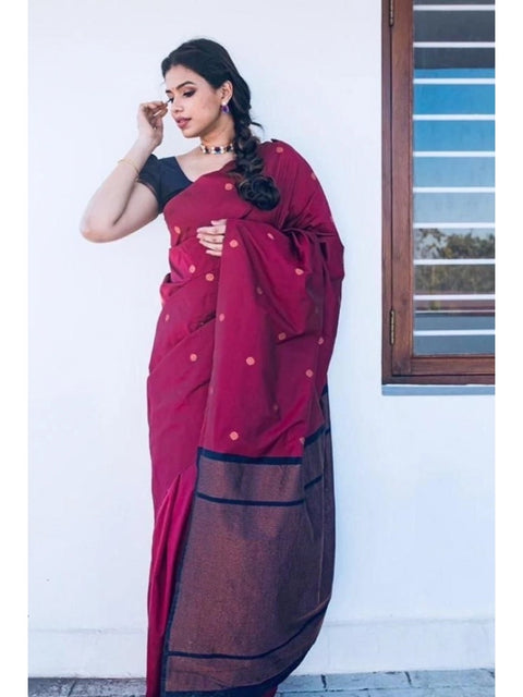 Women's Litchi silk Printed Saree With Unstitched Blouse (Red)