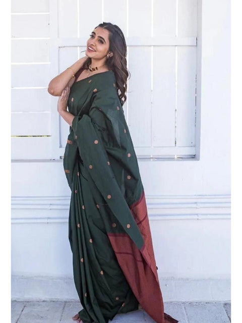 Women's Litchi silk Printed Saree With Unstitched Blouse (Dark Green)