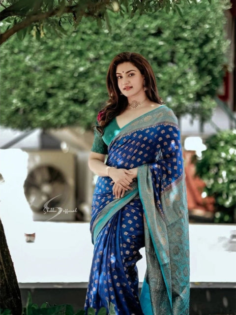 Women's Litchi silk Printed Saree With Unstitched Blouse (Navy Blue)