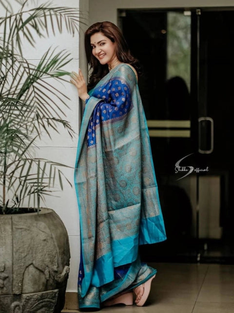 Women's Litchi silk Printed Saree With Unstitched Blouse (Navy Blue)