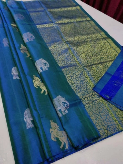 Women's Litchi silk Printed Saree With Unstitched Blouse (Turquise Blue)