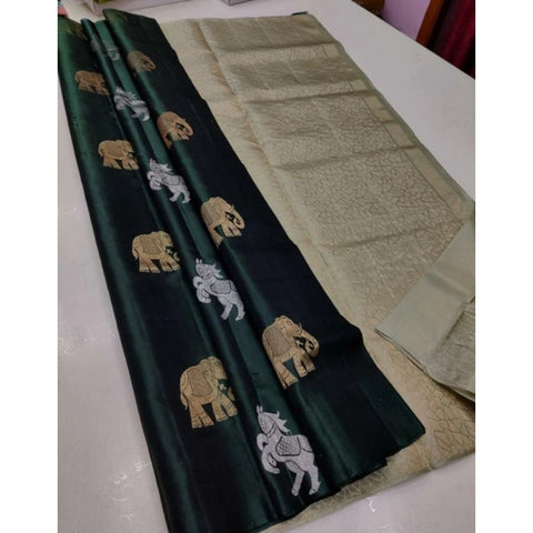Generic Women's Litchi silk Printed Saree With Unstitched Blouse (Green)