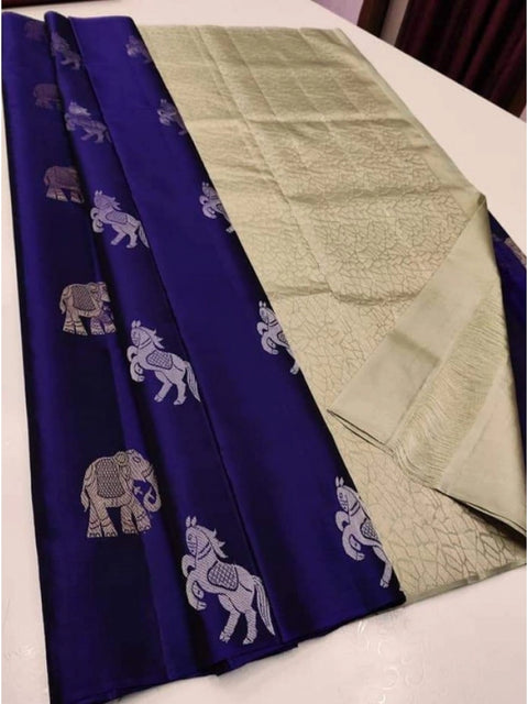 Women's Litchi silk Printed Saree With Unstitched Blouse (Navy Blue With White)