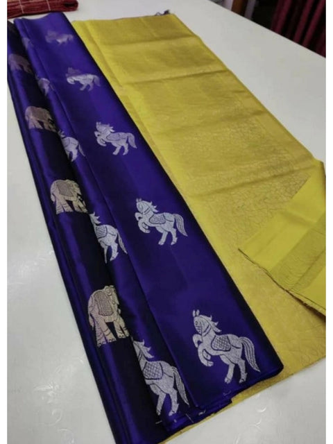 Women's Litchi silk Printed Saree With Unstitched Blouse (Navy Blue With Yellow)