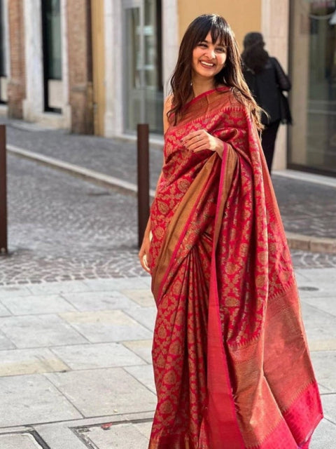 Women's Litchi silk Printed Saree With Unstitched Blouse (Red)