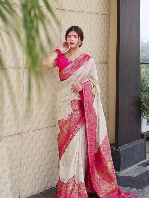 Women's Litchi silk Printed Saree With Unstitched Blouse (Half White)