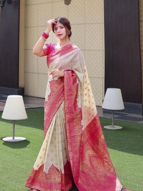 Women's Litchi silk Printed Saree With Unstitched Blouse (Half White)