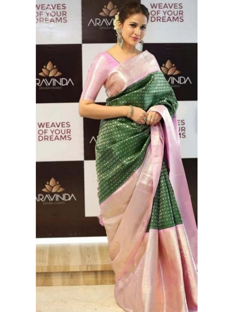Women's Litchi silk Printed Saree With Unstitched Blouse (Green)