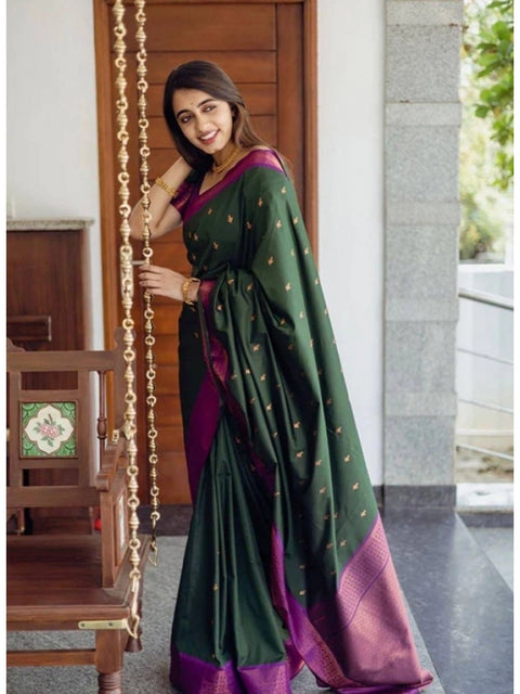Women's Litchi silk Printed Saree With Unstitched Blouse (Dark Green)