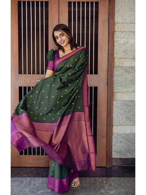 Women's Litchi silk Printed Saree With Unstitched Blouse (Dark Green)