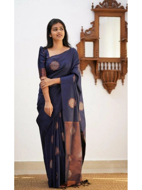 Women's Litchi silk Printed Saree With Unstitched Blouse (Dark Blue)