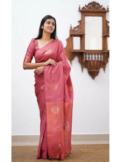 Women's Litchi silk Printed Saree With Unstitched Blouse (Peach)