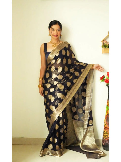 Women's Litchi silk Printed Saree With Unstitched Blouse (Black)